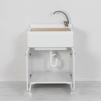 Mobile lavatoio bianco 60x50 cm vasca in resina e asse lavapanni Desya