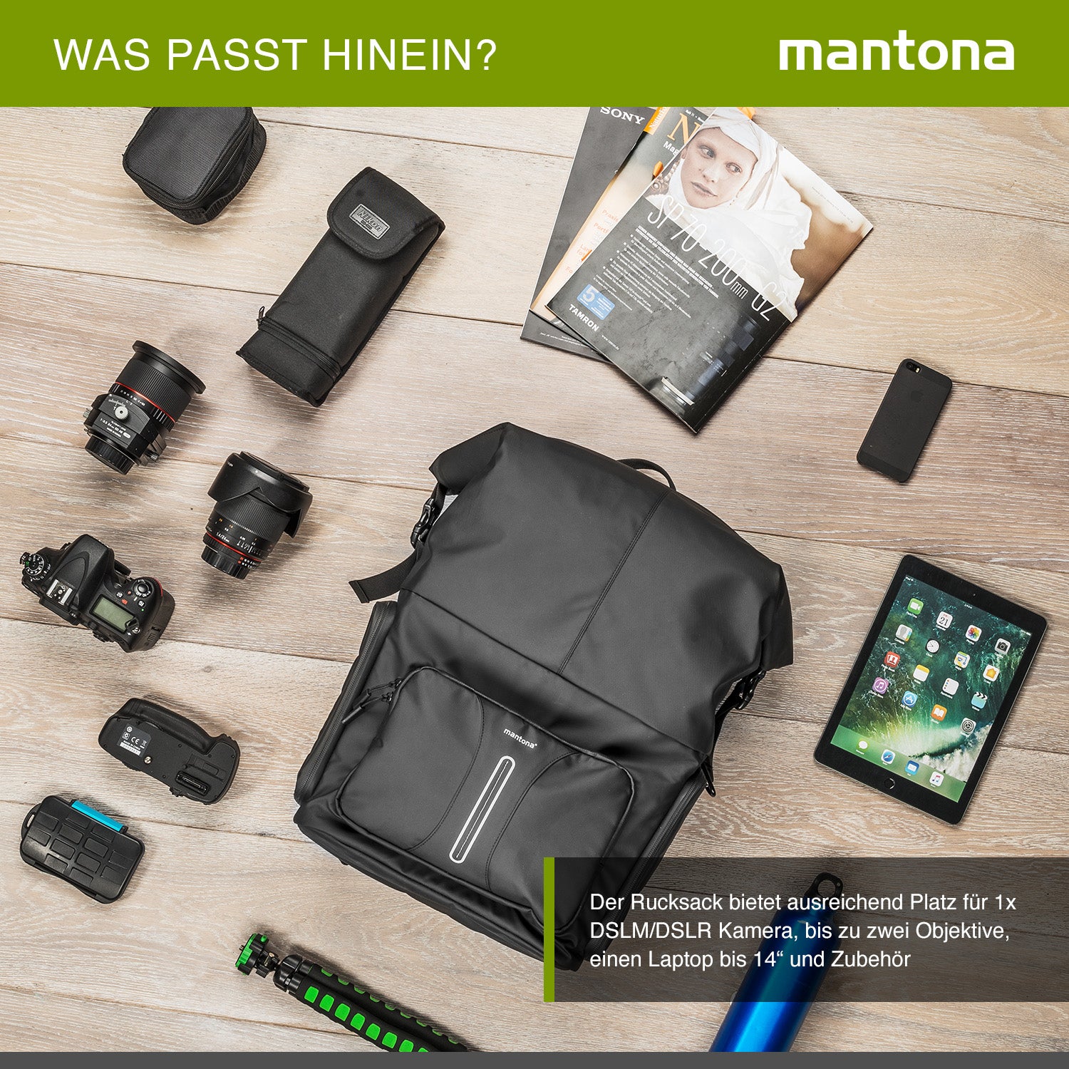 Mantona zaino fotografico corriere per fotocamera SLR DSLR in materiale impermeabile, con accesso rapido, zaino corriere con chiusura per arrotolamento 22444 Nero 480mm