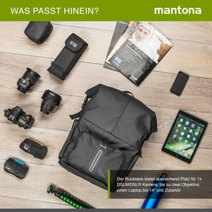 Mantona zaino fotografico corriere per fotocamera SLR DSLR in materiale impermeabile, con accesso rapido, zaino corriere con chiusura per arrotolamento 22444 Nero 480mm