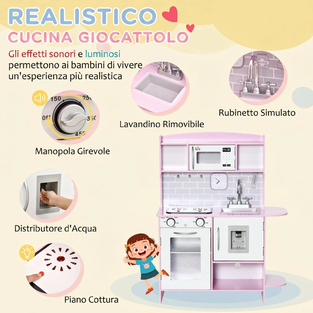 Cucina Giocattolo per Bambini con Fornelli Luci e Suoni Microonde Distributore d'Acqua in MDF e PP Rosa