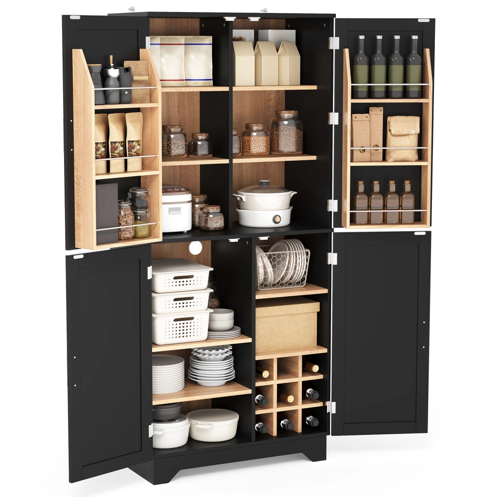 Credenza alta con 4 ante stile barn door, portabottiglie e vani aperti, 80 x 40 x 180 cm