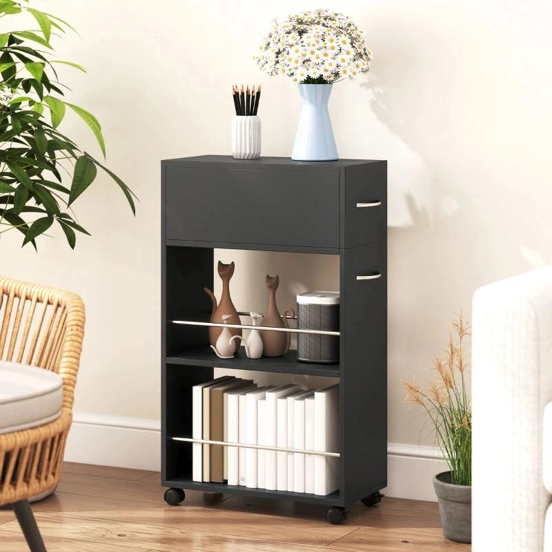 CARRELLO DA CUCINA CON 2 RIPIANI APERTI, CASSETTO E PARAPETTI, LEGNO E ACCIAIO INOX, 25X50X85 CM, NERO
