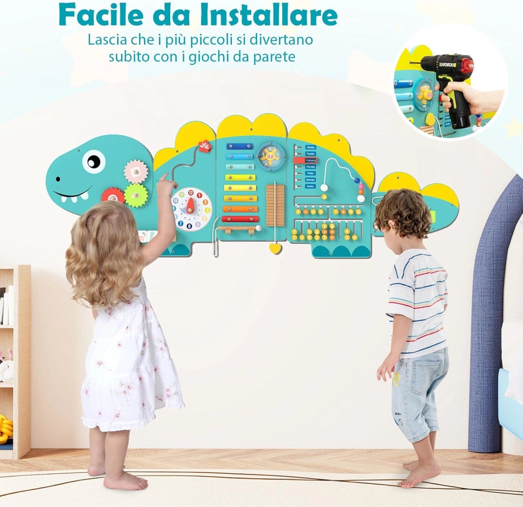 Pannelli da Parete con attività, Busy Board 11 in 1 Montessori in Legno per Sviluppo Sensoriale, Centro di attività Educativo Montato a Parete per Stanza Giochi, Asilo Nido (Dinosauro Verde)