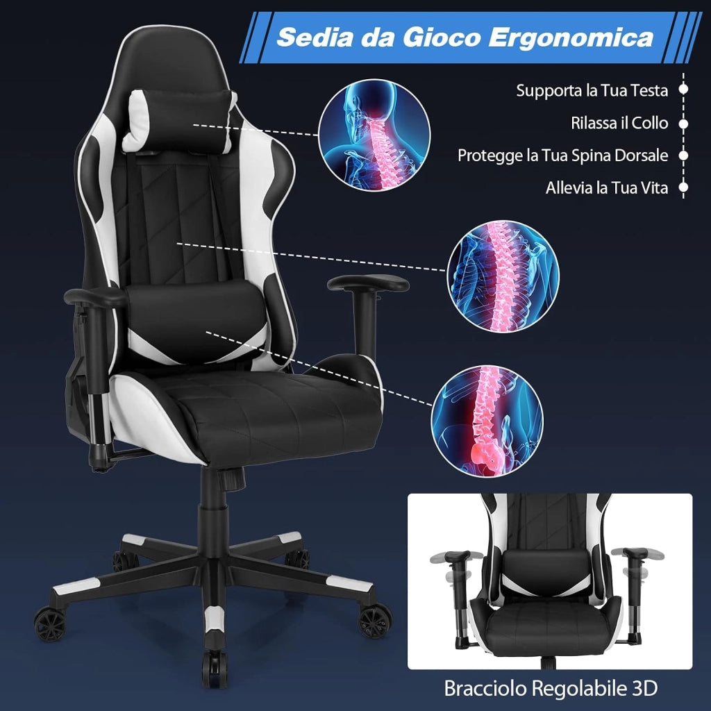 Sedia da Gaming Girevole a 360°, Sedia Ergonomica per Computer per Gaming con Poggiatesta e Cuscino Lombare, Angolo Reclinabile Regolabile (Bianco)