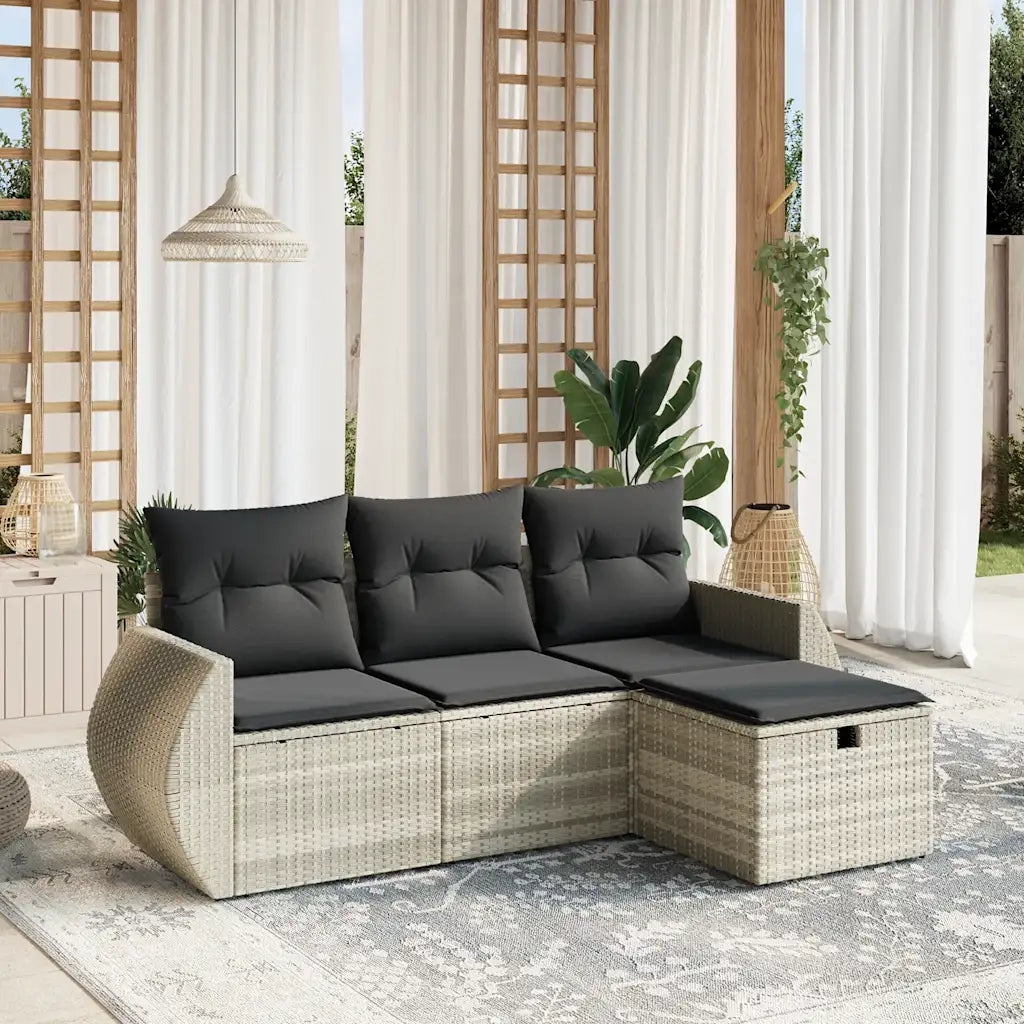 Set Divano da Giardino 4pz con Cuscini Grigio Chiaro Polyrattan