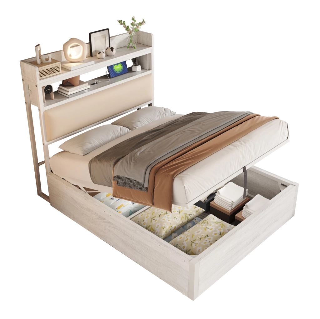 Letto 90x200 cm con contenitore idraulico e USB; testiera con vano in metallo; legno e tessuto bianco