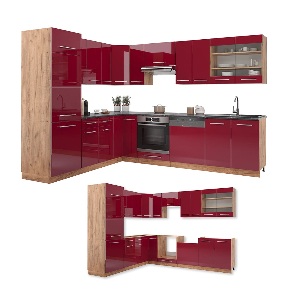 Cucina angolare completa Fame-Line Bordeaux lucido/Rovere dorato 227 x 60 cm, PL Rovere Vicco