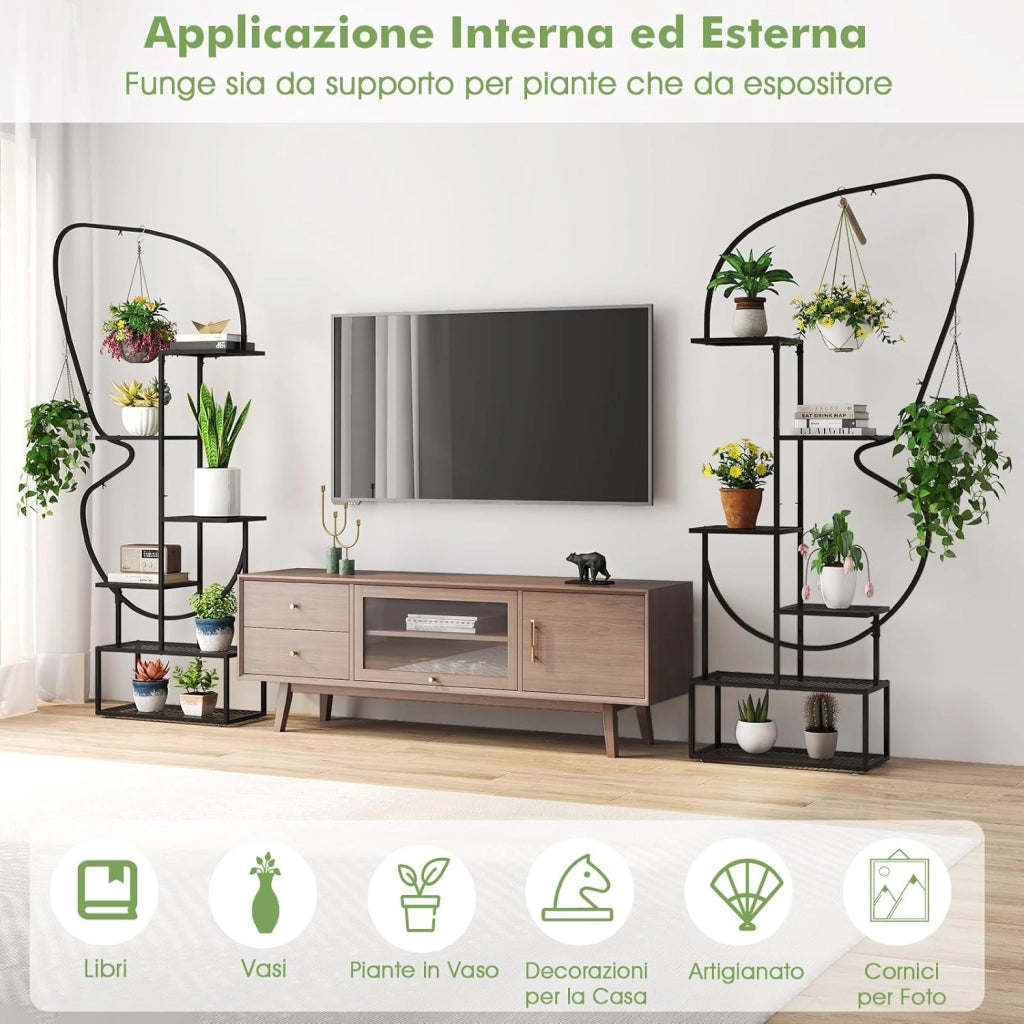 Scaffale Porta Piante a 6 Livelli, Scaffale per Vasi a Forma di Farfalla con 12 Ripiani in Rete Metallica e 4 Ganci, Mensola a Scala per Piante da Interno e Esterno (Nero)