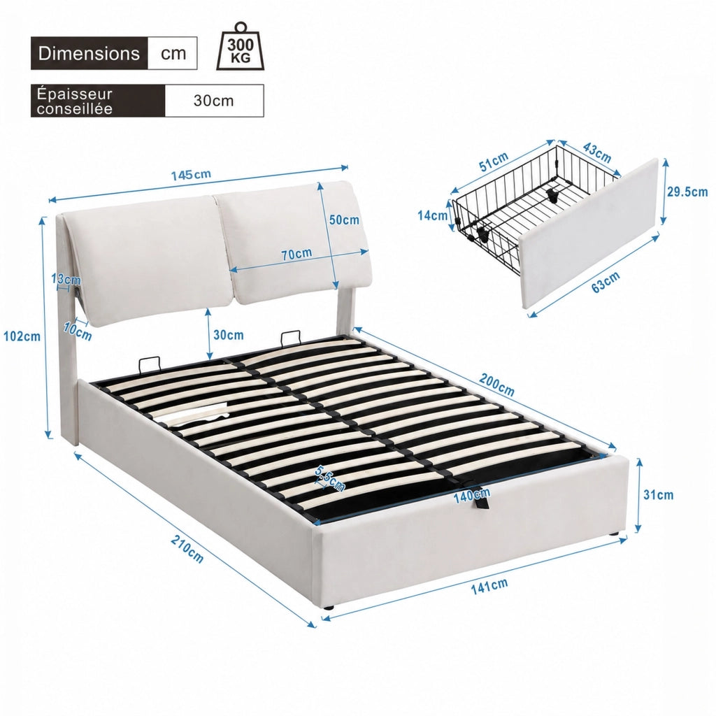 DESMIU Letto Contenitore Letto Matrimoniale con 3 Cassetti e Vano, 140 × 200 cm, Senza Materasso, Beige