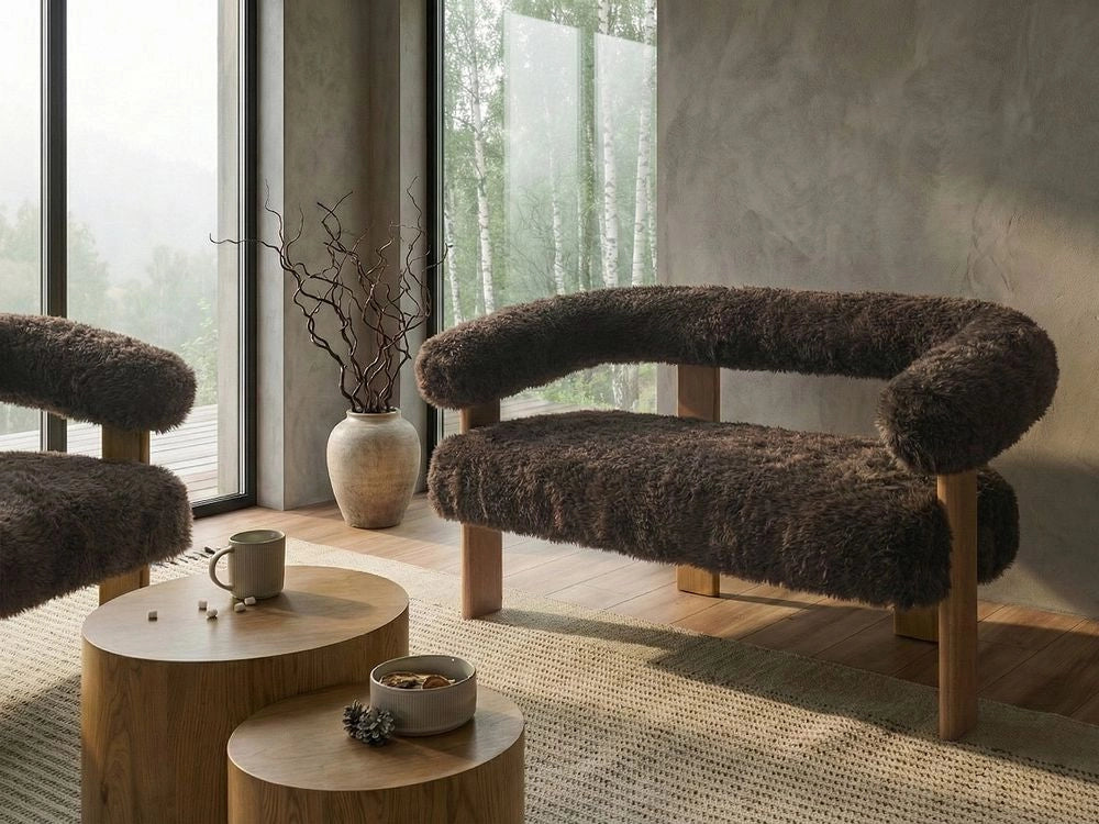 Divano a 2 posti rivestimento in pelliccia sintetica e gambe in legno marrone scuro e marrone chiaro stile retrò per soggiorno