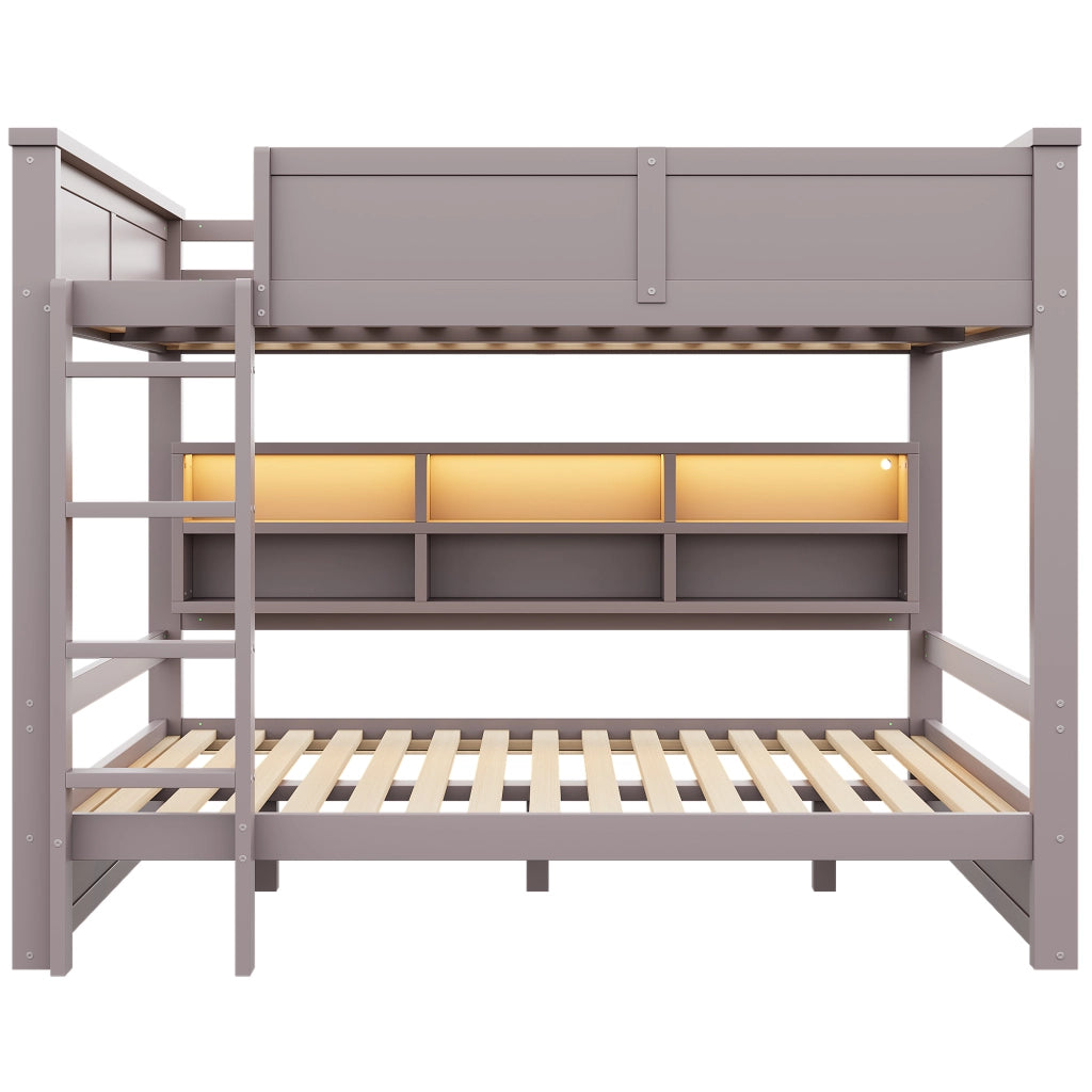 Letto a castello 160x200 con luce LED integrata; 6 armadietti; marrone