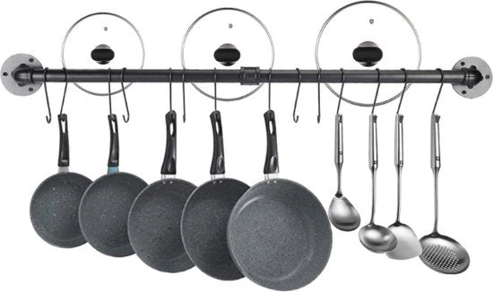 Sostegno per pentole e padelle 100 cm - Montaggio a parete - Binario regolabile - Coperchio cucina e appendiattrezzi.