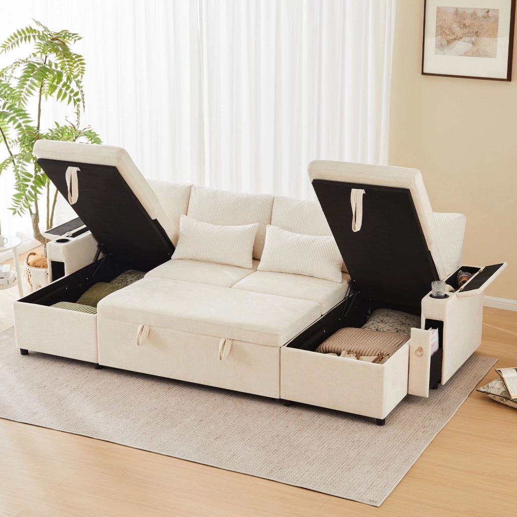 Divano letto modulare 4 posti - con contenitore - in chenille e corduroy - beige