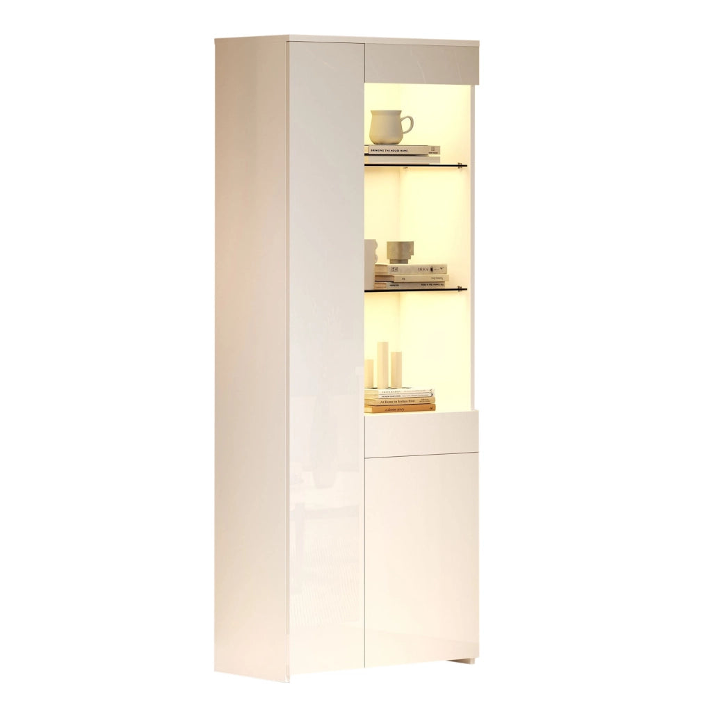 Vetrina con 2 ante, 1 cassetto e vani aperti con LED per soggiorno, in truciolato e vetro, bianco, 70 × 35 × 180 cm