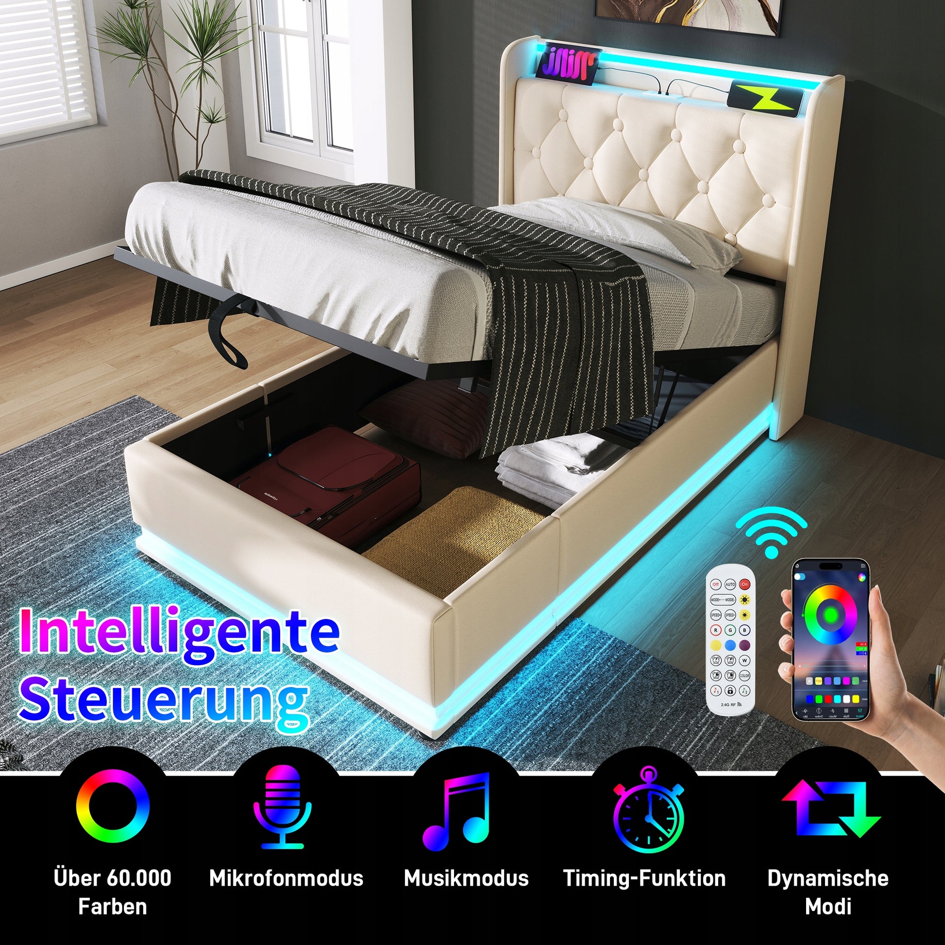 Letto imbottito 90x200 - Xylo - Bianco, idraulico, LED, USB-C