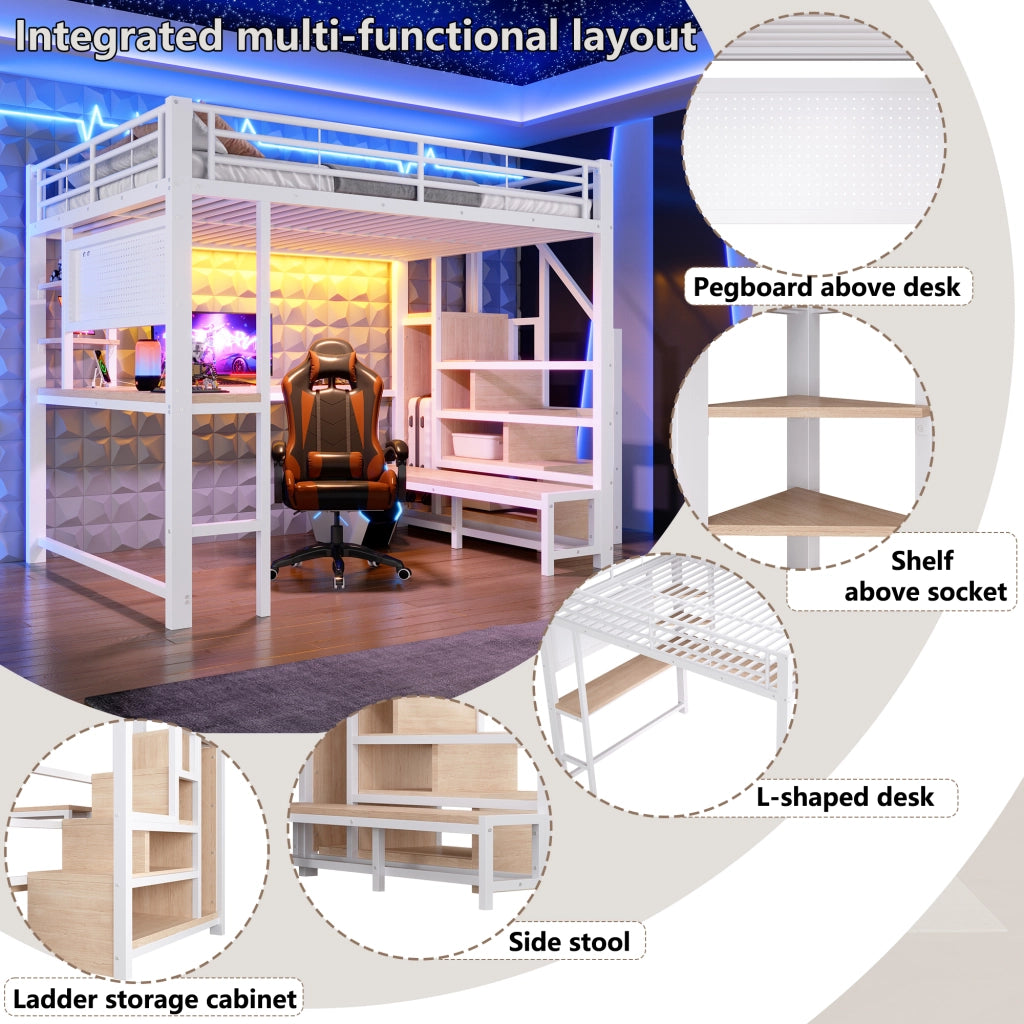 Letto a soppalco matrimoniale 140 × 200 cm con scrivania, ripiani, USB, Type-C et LED regolabile, senza materasso