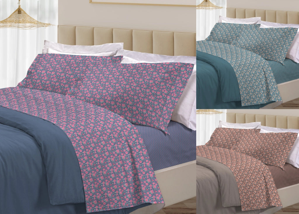 Completo Lenzuola Letto 100% Cotone Made Italy 3027 Disegno Provenza - Piazza E Mezza - Grigio