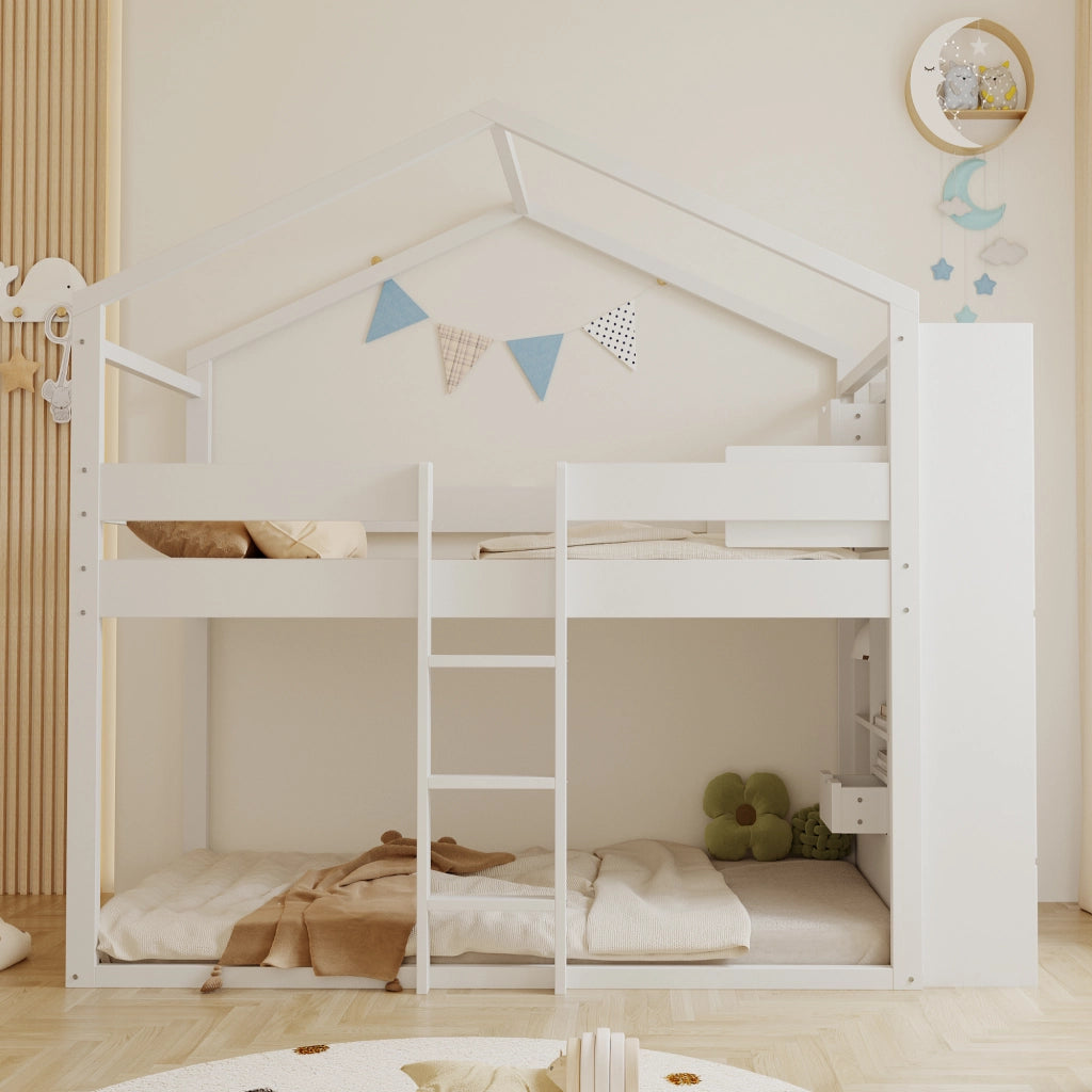 OKWISH Letto a Castello 90×200 cm, Letto Singolo con Contenitore, Mensole e Scomparti, senza Materasso, in Legno Massello, Bianco