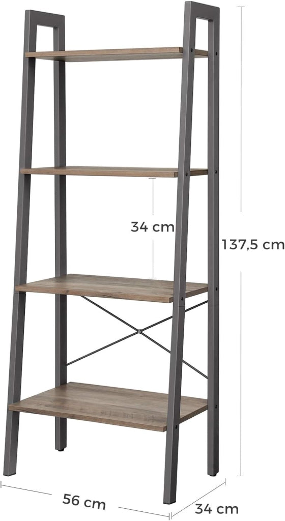 Libreria, Scaffale a Scala con 4 Ripiani, Mobile Autoportante, Struttura in Ferro, per Soggiorno Camera da Letto Cucina Balcone, Facile da Montare, Industriale, Greige e Grigio LLS44MG