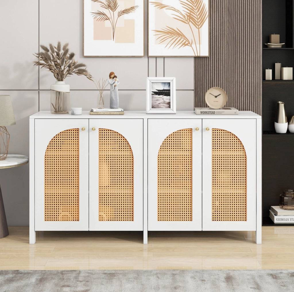 Credenza sideboard a 4 ante in MDF e PE rattan; ripiano regolabile; bianca
