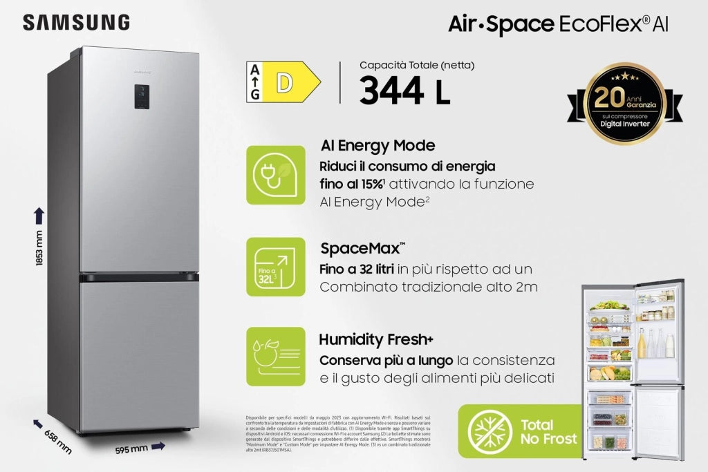 Samsung RB34C675DSA EcoFlex AI Frigorifero Combinato 344 L 185 cm Classe D 35 dB No Frost Wi-Fi Display Touch colore Acciaio Inossidabile