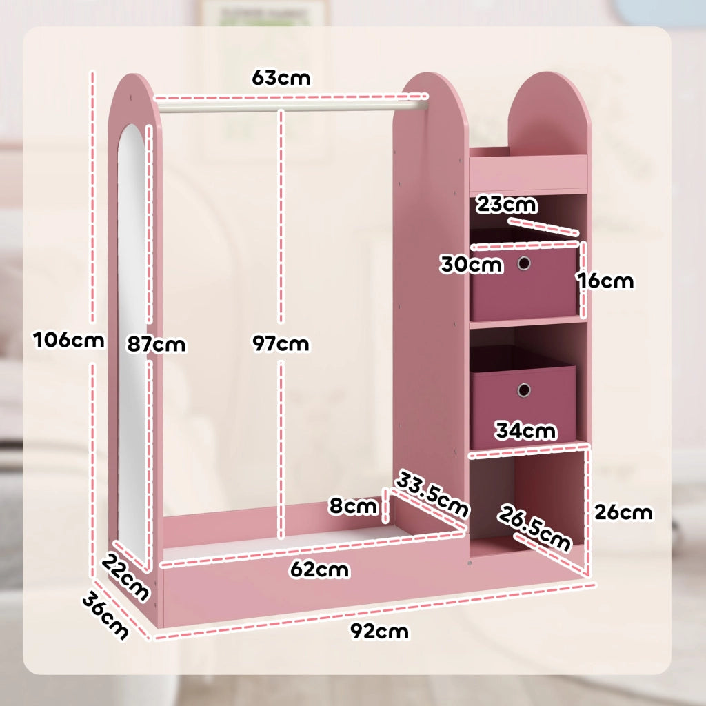 Armadio Aperto Appendiabiti per Bambine con Specchio e Ripiani 92x36x106 cm Rosa