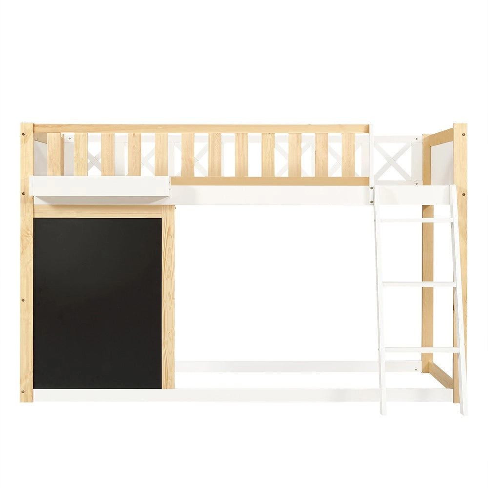 Letto a Soppalco per Bambini con Cassetti e Lavagnetta ¨C Xylo ¨C Pino e MDF, Bianco/Naturale, 90x200cm