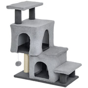 Scaletta per Gatti a 4 Gradini 60x34x77cm con 2 Casette e Tiragraffi Grigio