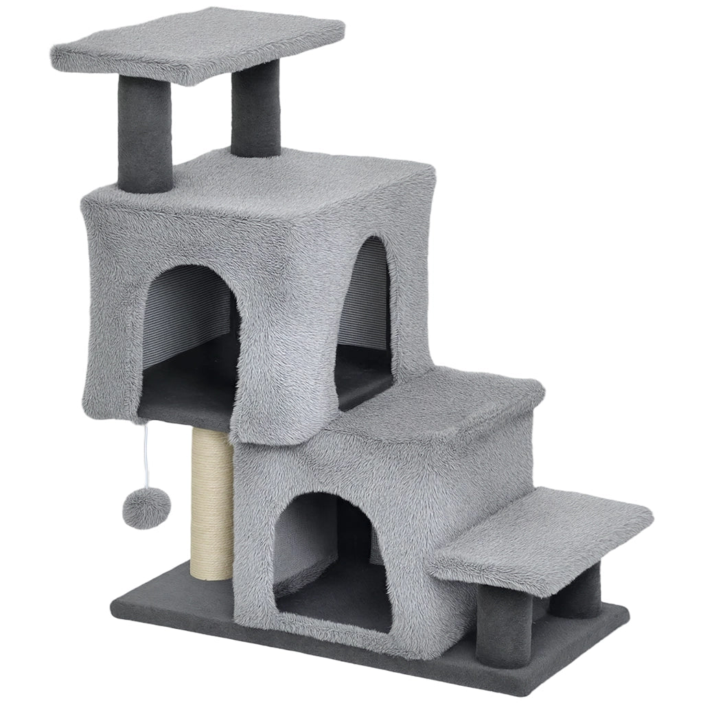 Scaletta per Gatti a 4 Gradini 60x34x77cm con 2 Casette e Tiragraffi Grigio