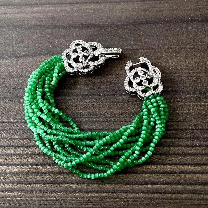 Bracciale e collana vintage con perline di cristallo verde, regalo di Natale o compleanno.