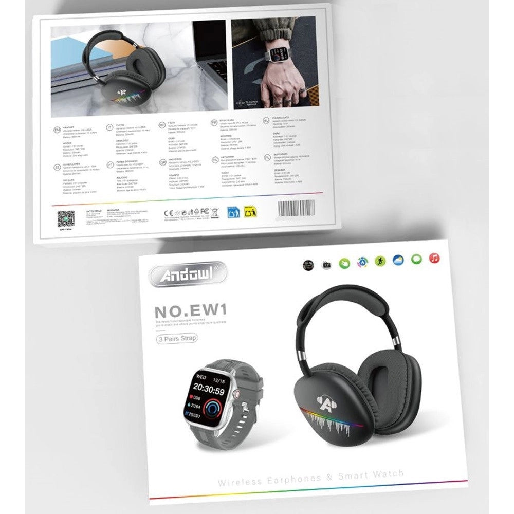 Trade Shop - Set Cuffie Wireless Bluetooth Over-ear + Smartwatch Con 3 Cinturini Intercambiabili Ew1 -