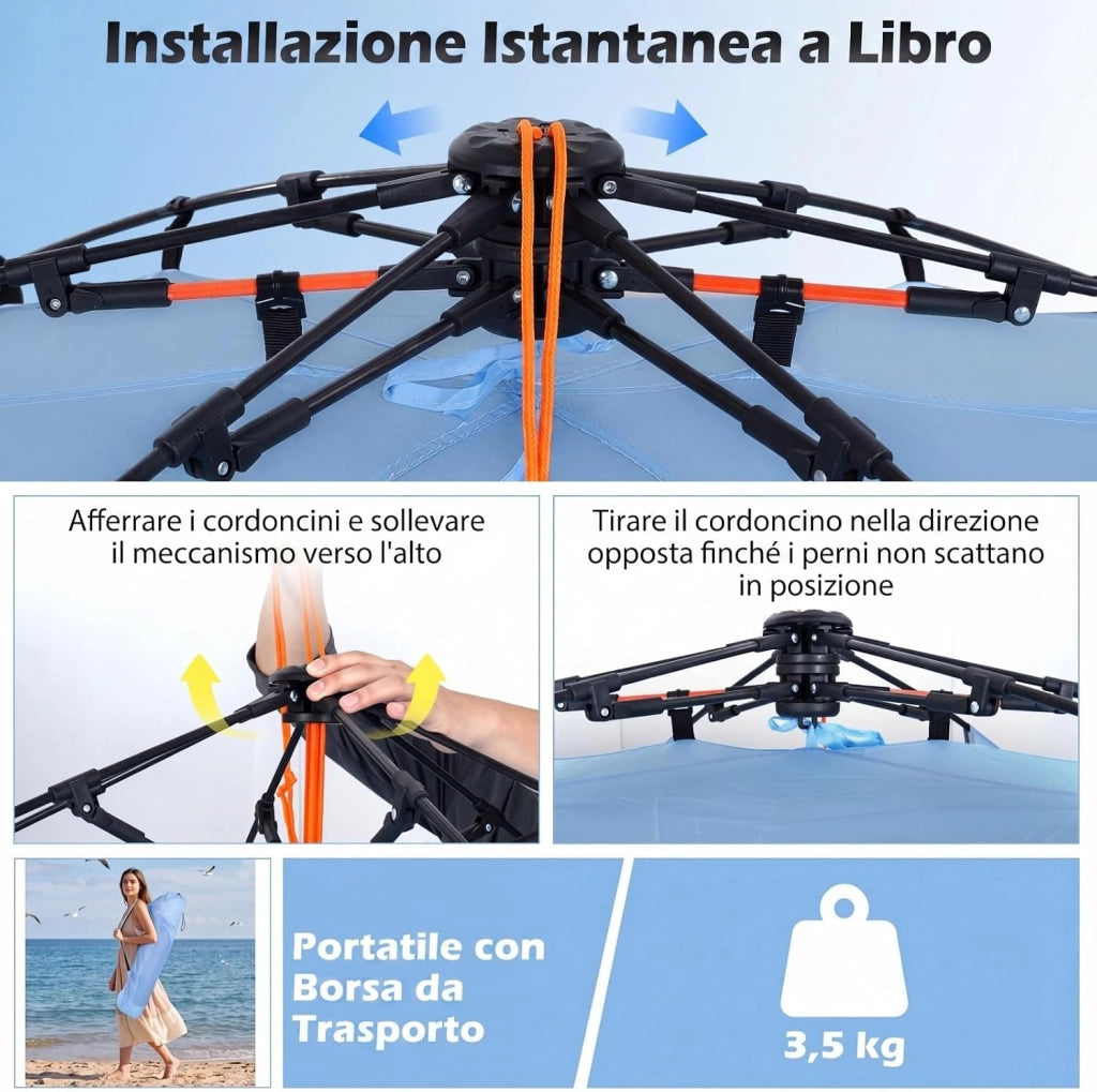 Tenda da Spiaggia Grande Adatta a 3-4 persone, Tenda da Campeggio Pop Up con 4 Finestre in Rete, Porta con Cerniera e Borsa da Trasporto, Protezione Solare, 278 x 139 x 160 cm