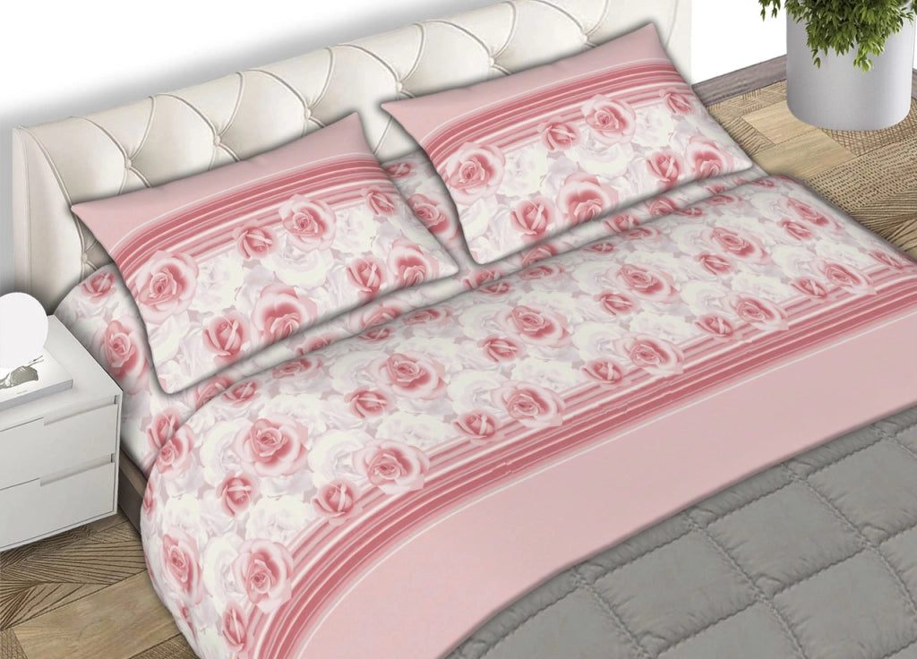 Completo Lenzuola In Morbida Flanella Made Italy Disegno Floreale Roseto C.N - 2 Piazze - Rosa