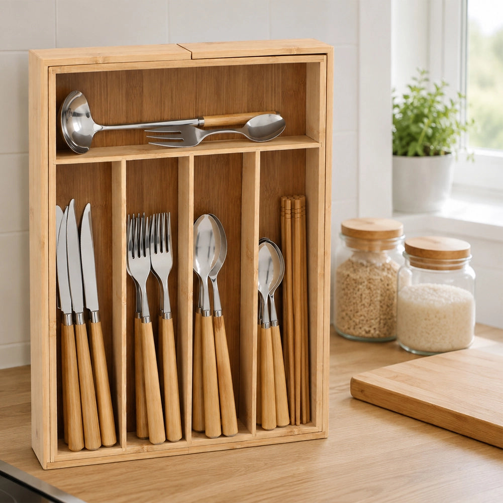 Portaposate Estensibile in Bambù Porta Posate Organizer da Cucina 46x33.5x6cm