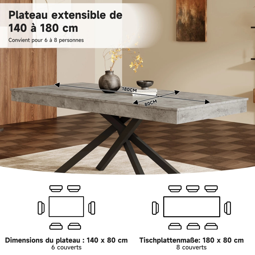 Tavolo da pranzo allungabile con piano da 93 mm, gambe incrociate, per sala da pranzo, cucina e soggiorno, grigio