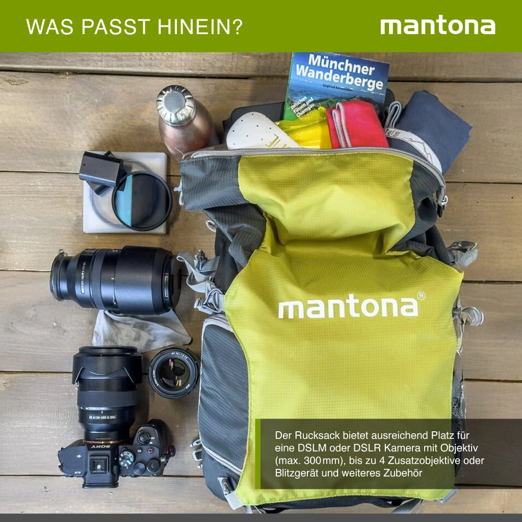 Zaino per fotocamera Mantona elementsPro 30 V2 - zaino per esterni con sistema di trasporto ergonomico, imbottitura traspirante, supporto per treppiede e copertura antipioggia, ideale per fotocamere DSLR e di sistema, verde