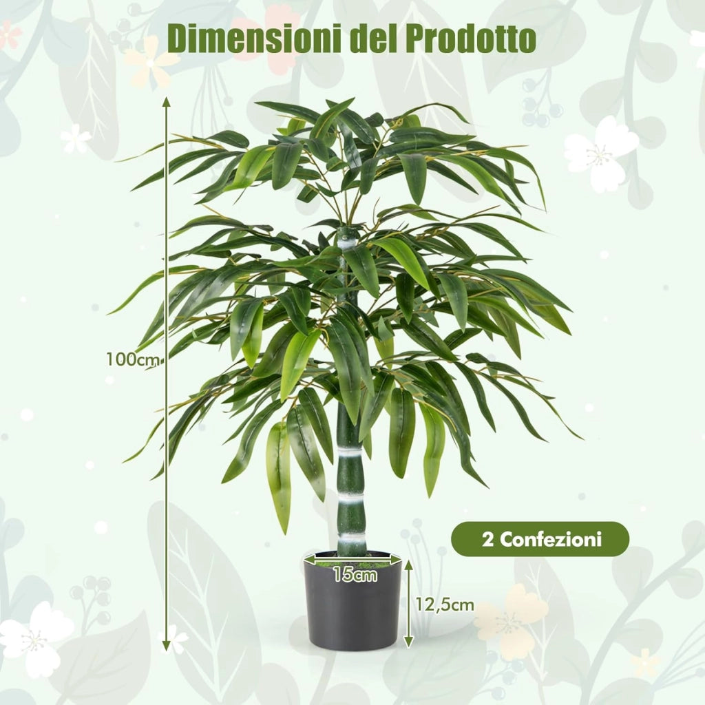 2 Pezzi Pianta Finta di Bambù 100 cm, Pianta Bamboo Artificiale in Vaso Decorazione in Casa e Ufficio, Pianta Finta in PE con 15 Rami da Interno ed Esterno