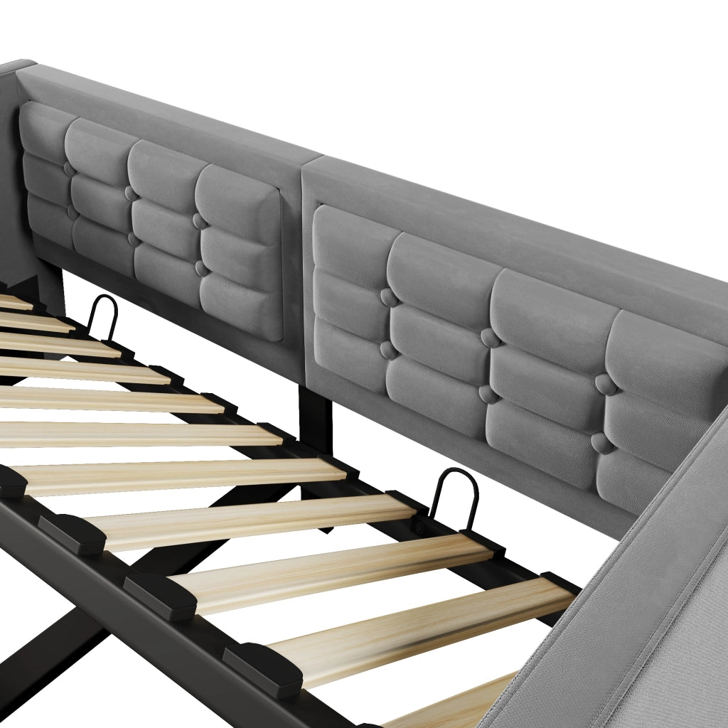 DESMIU Divano letto 90 × 190 cm 1 posto con vano idraulico, USB e Type-C, senza materasso, grigio