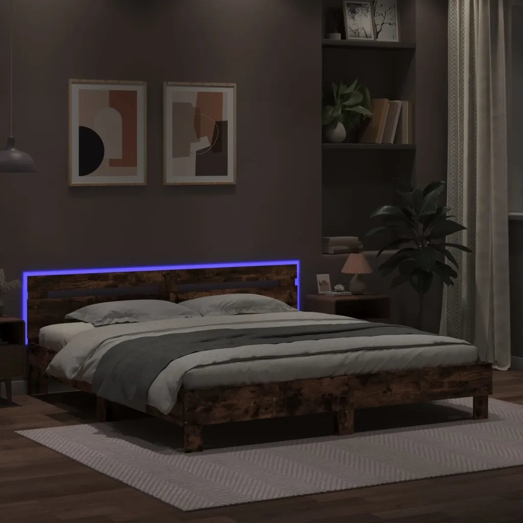 Giroletto con Testiera e LED Rovere Fumo 180x200 cm 3207529