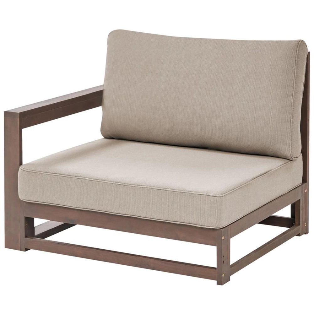 Salotto da giardino 4 posti in legno d'acacia chiaro con cuscini color tortora e tavolo lato destro esterno moderno