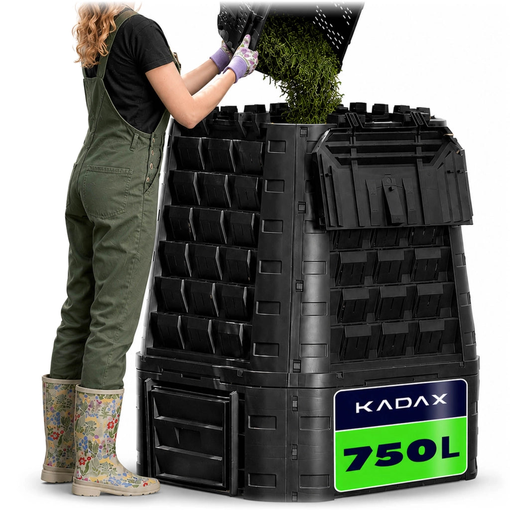 Compostiera da giardino KADAX 750L, grande, modulare, resistente al gelo, per fertilizzare tutto l'anno.