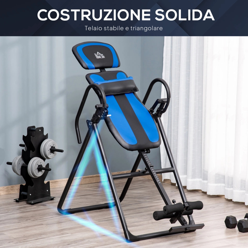 Panca a Inversione Gravitazionale Pieghevole con Lunghezza Regolabile da 140-203 cm e Ruote Nero e Blu