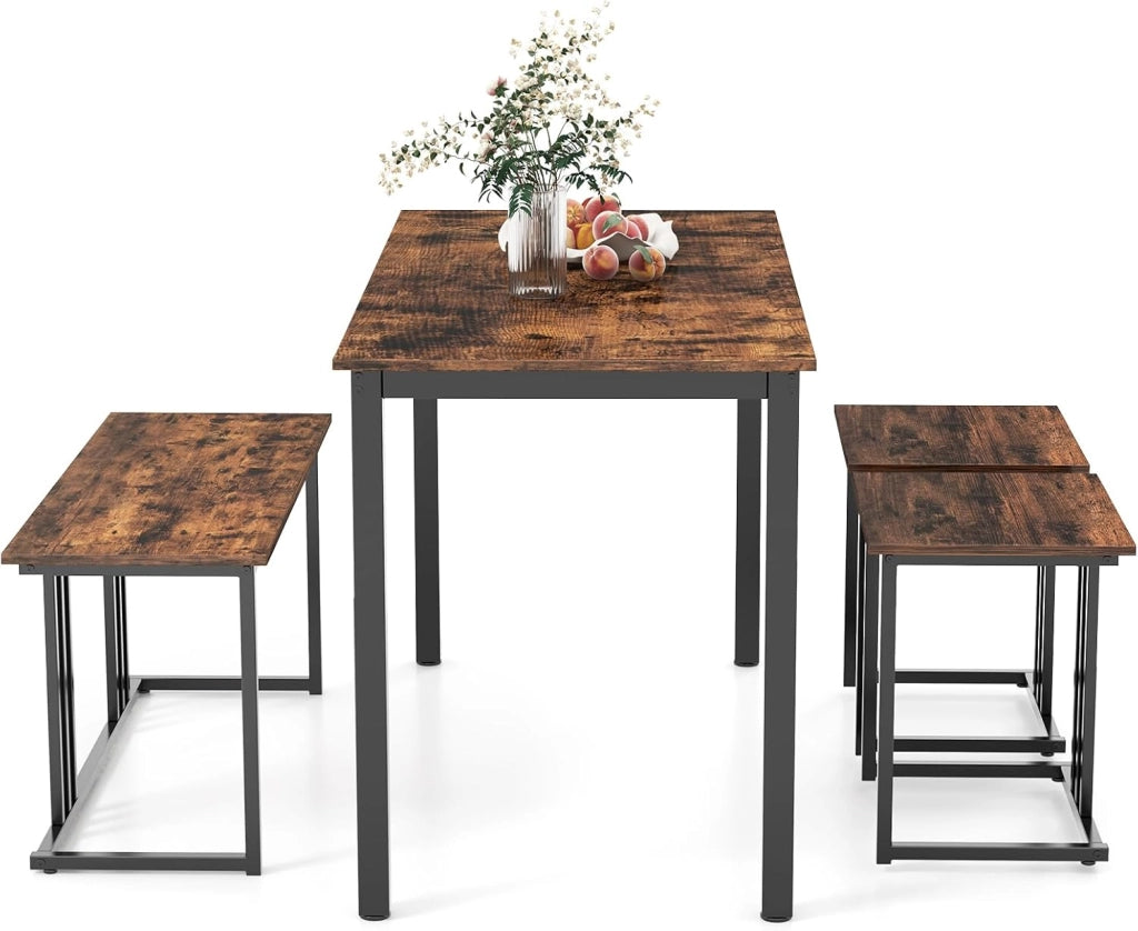 Set tavolo e sedia da pranzo 4 pezzi, tavolo da cucina 4 persone 120 x 60 x 75 con 1 panca e 2 sgabelli, struttura in metallo, per sala da pranzo, soggiorno, caffè (marrone)