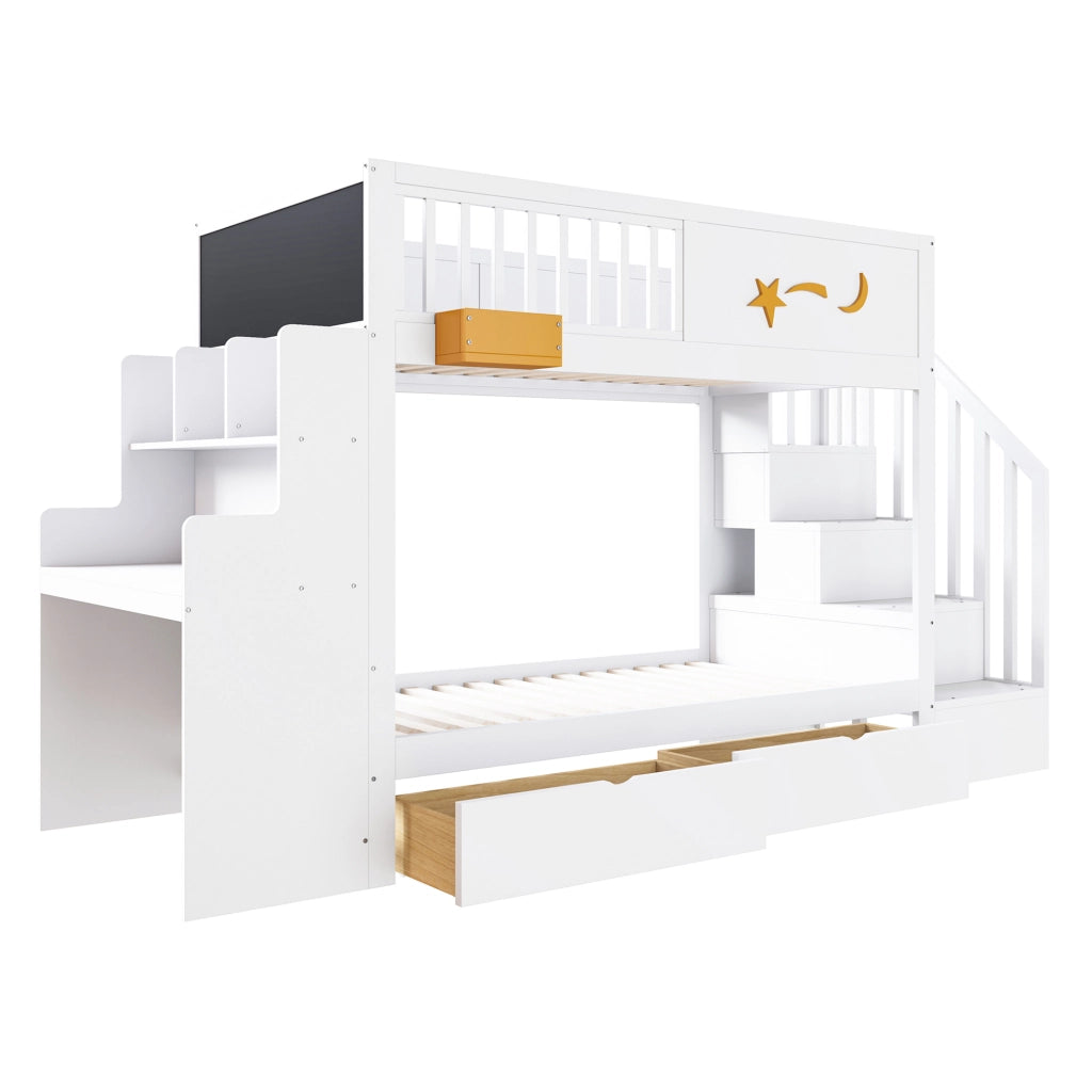 Letto a castello per bambini 90 x 200 cm bianco; legno massiccio di pino; cassetti; scale di sicurezza; scrivania e motivo a stella