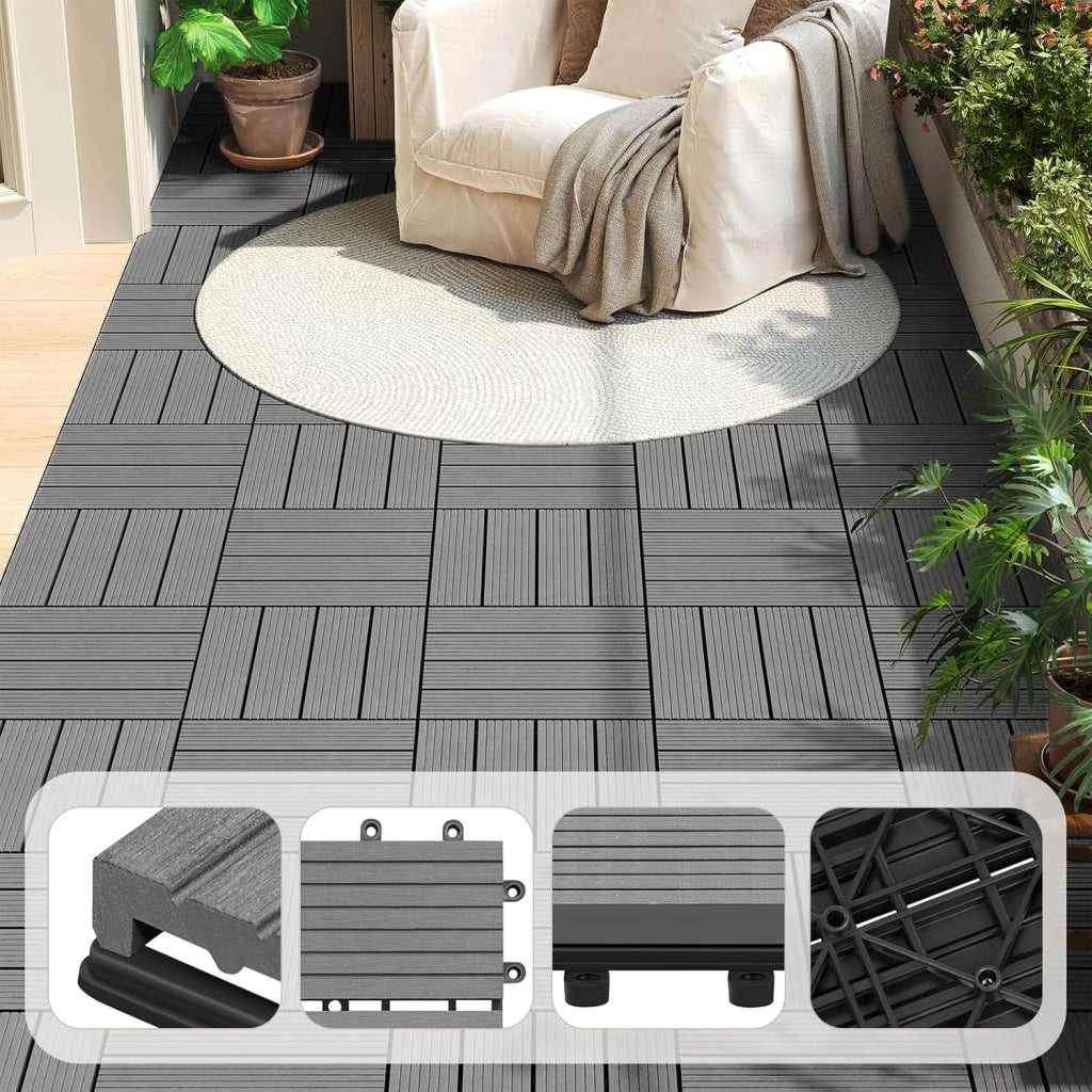 Piastrelle per Pavimenti da Esterno Balcone/Giardino/Terrazza Pavimentazione ad Incastro in WPC, Legno Composito, con 22 Pannelli da 30x30 cm Grigio Chiaro
