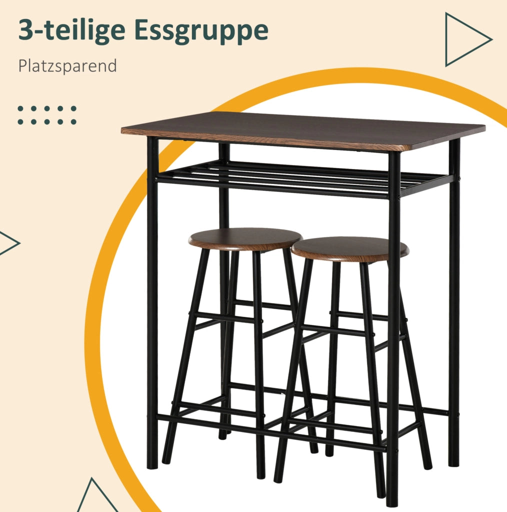 Set tavolo bar con 2 sgabelli e ripiano, nero