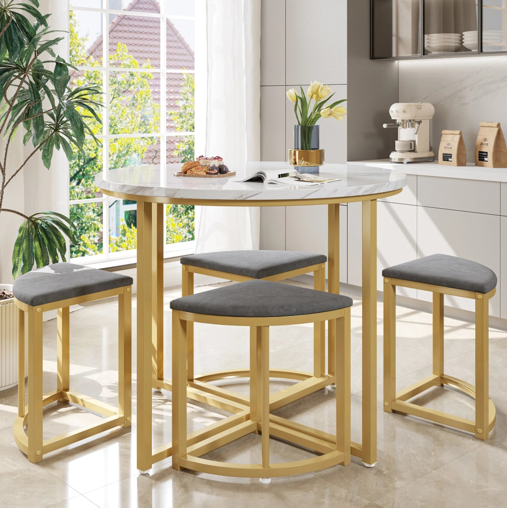 Set da pranzo rotondo 80 cm con 4 sedie; MDF; metallo; bianco e grigio