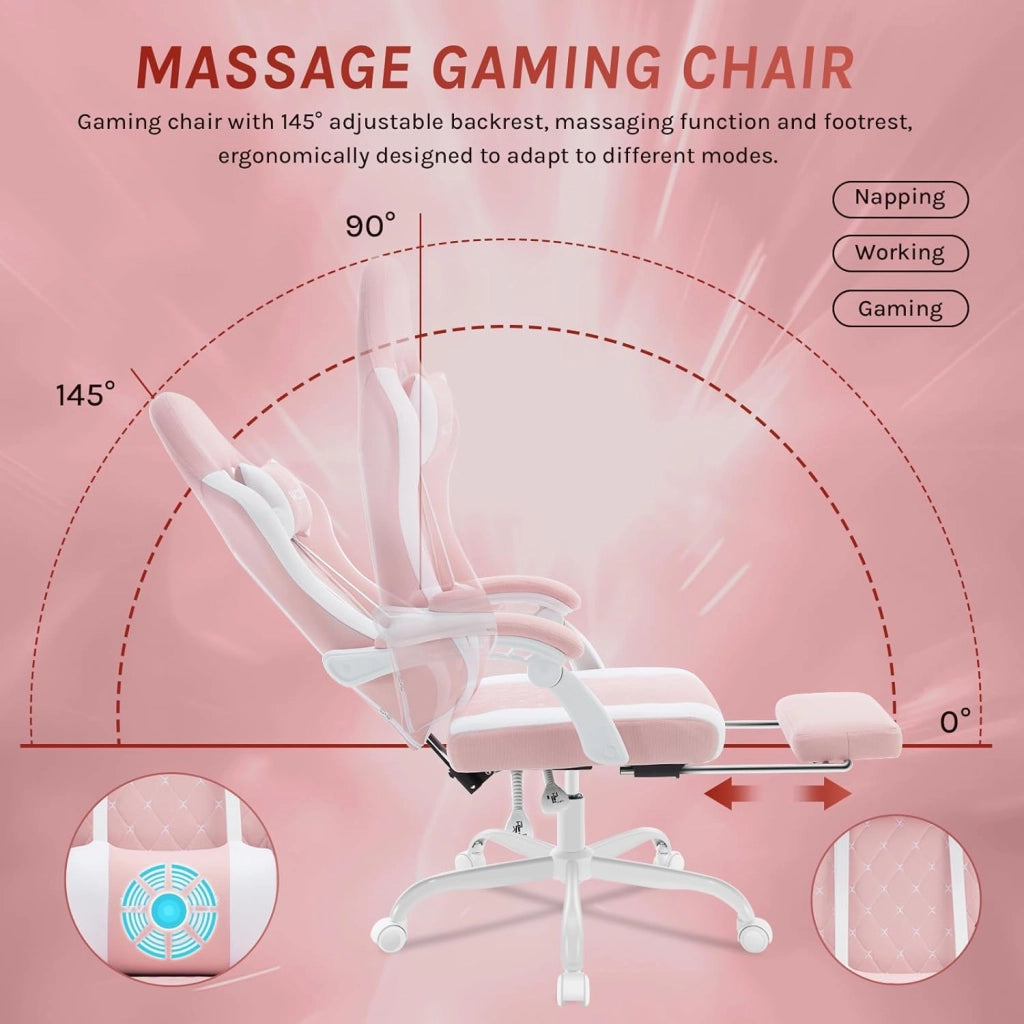 Sedia Gaming con Massaggio, Poltrona Ufficio Ergonomica, Ampia Sedia Girevole Imbottita per Computer con Cuscino Lombare Massaggiante, Carico 150 Kg, Tessuto a rete Rosa+Bianco