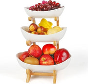 Fruitiera a tre livelli in ceramica, per cucina, con ripiano di supporto in legno, per decorazione della cucina, contenitore per verdure.