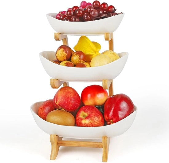 Fruitiera a tre livelli in ceramica, per cucina, con ripiano di supporto in legno, per decorazione della cucina, contenitore per verdure.